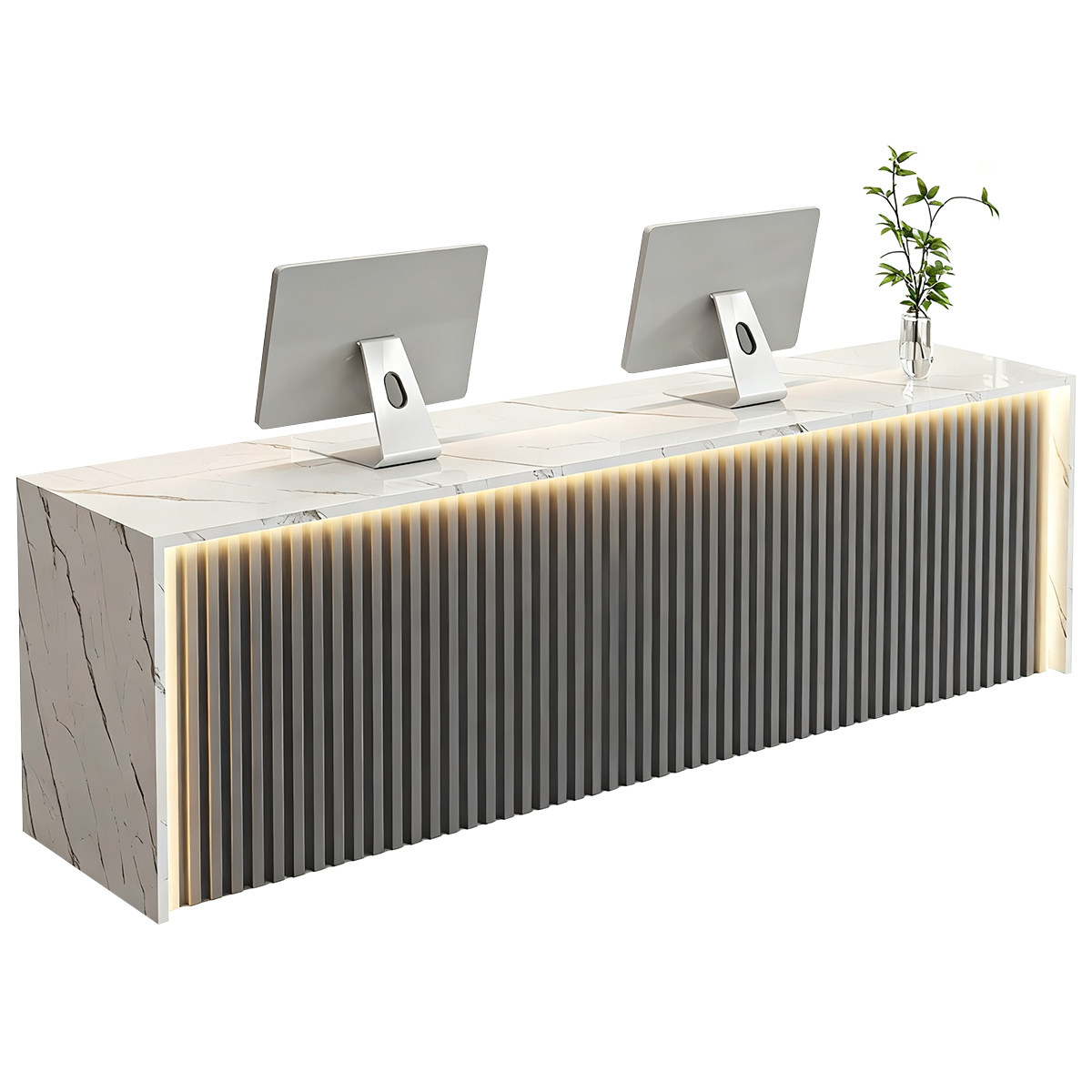Modern Wood Slat Reception Desk with Lockable Storage and Keyboard Tray