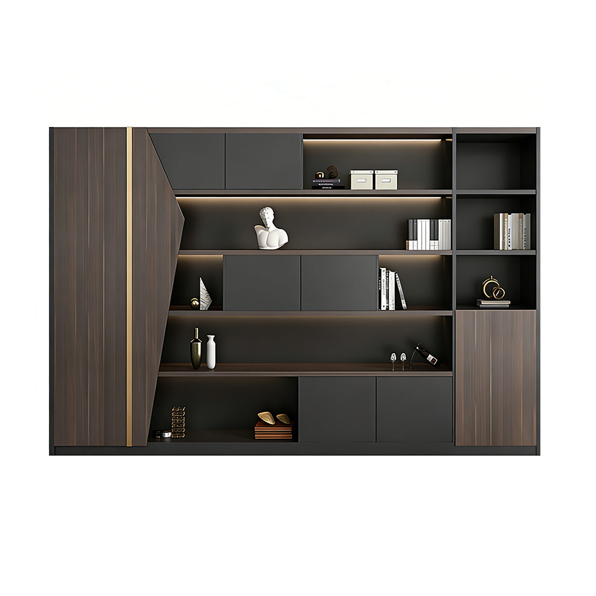 Storage Cabinet, Oak & Iron Gray, Oak & Iron Gray finish, L94" x W16" x H79", for office storage space, office storage furniture