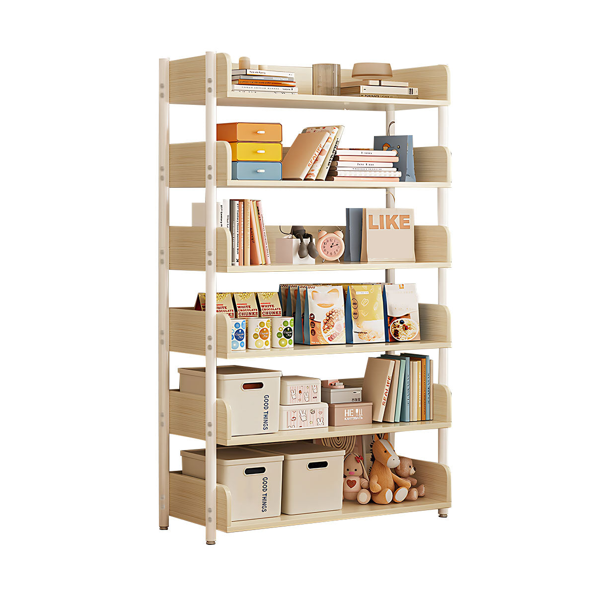 Minimalist Wood Bookshelf with Multi-Layer Storage and Anti-Fall Panels