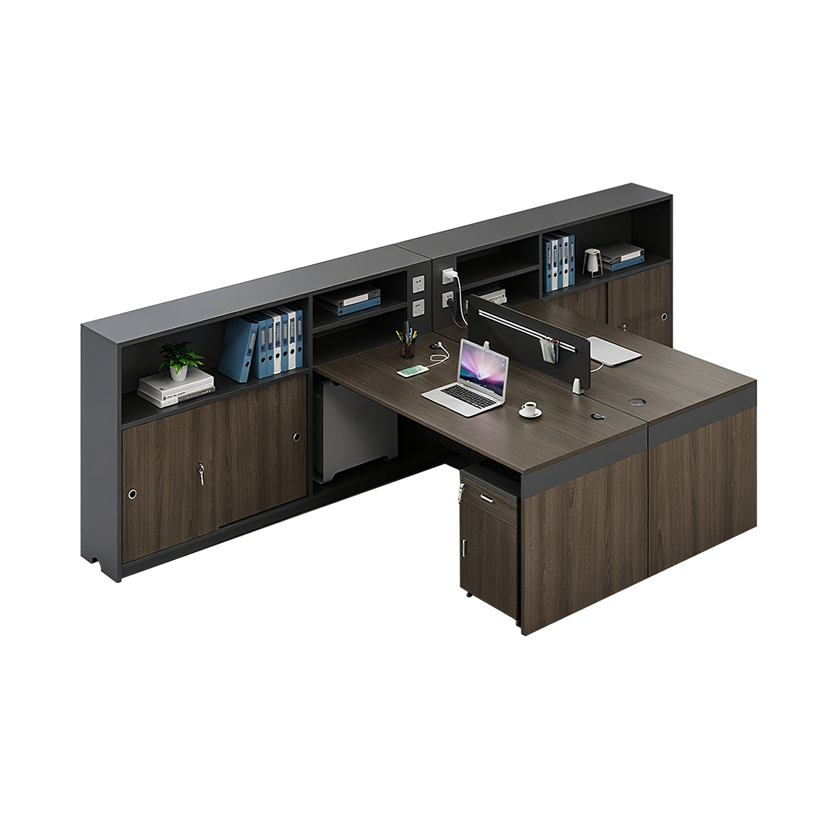 Minimalist Dark Gray and Walnut Cubicle Desk with Mobile Lockable Storage Cabinet