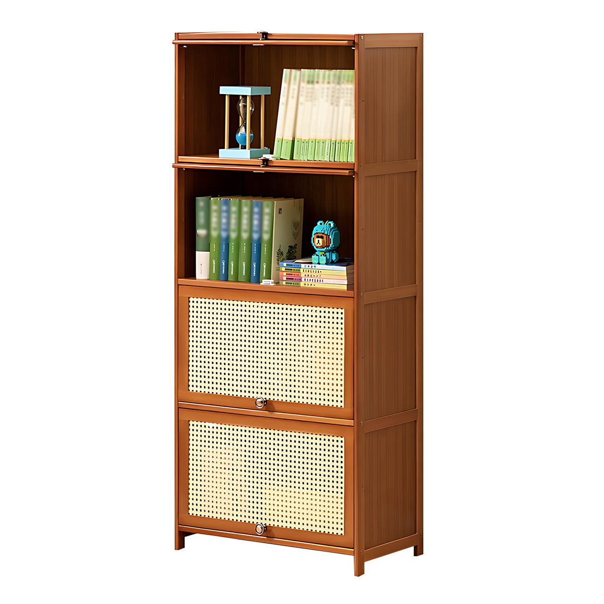 Minimalist Bamboo Flip-Door Bookshelf with Multi-Layer Storage