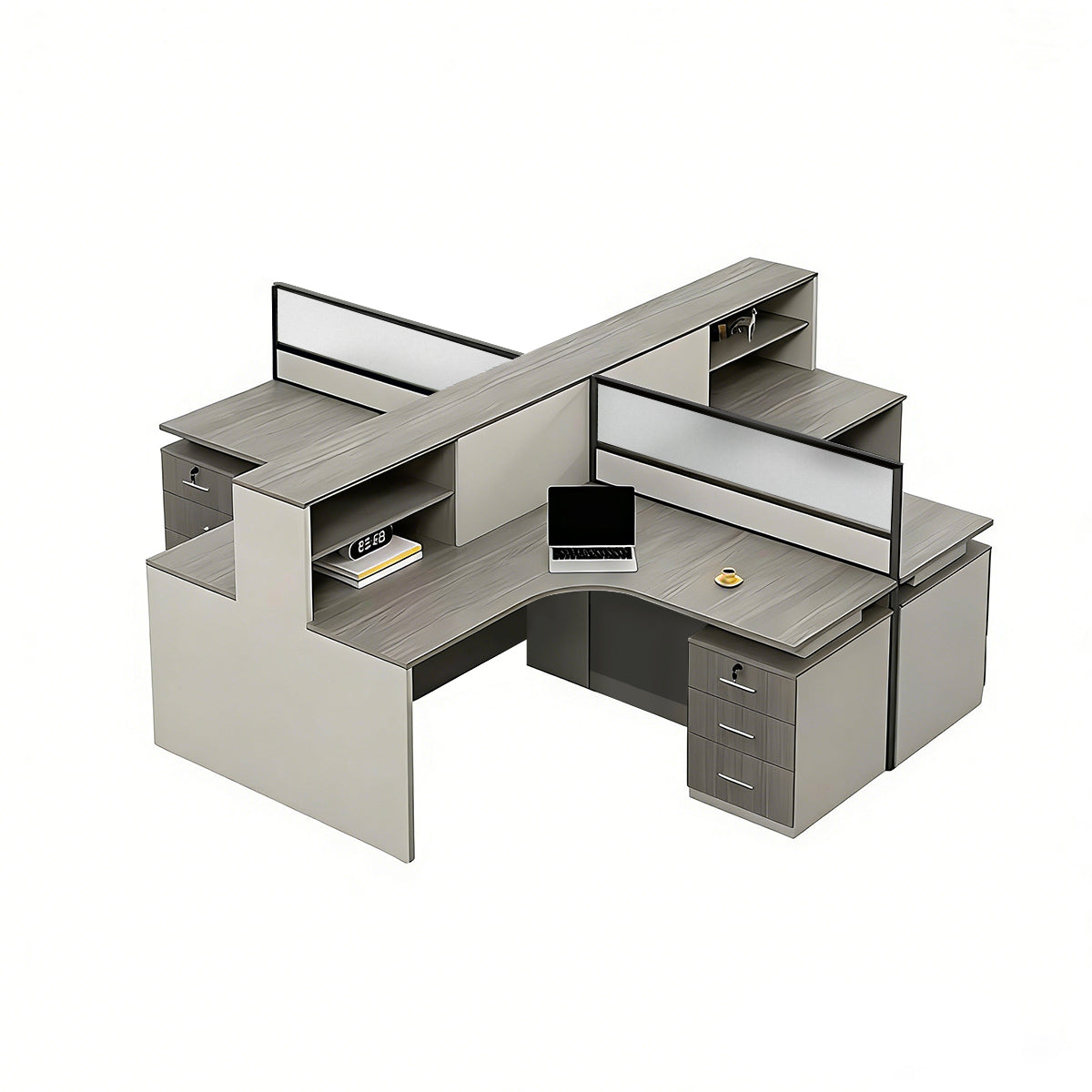 Minimalist Desk with Screen Dividers and High Cabinets