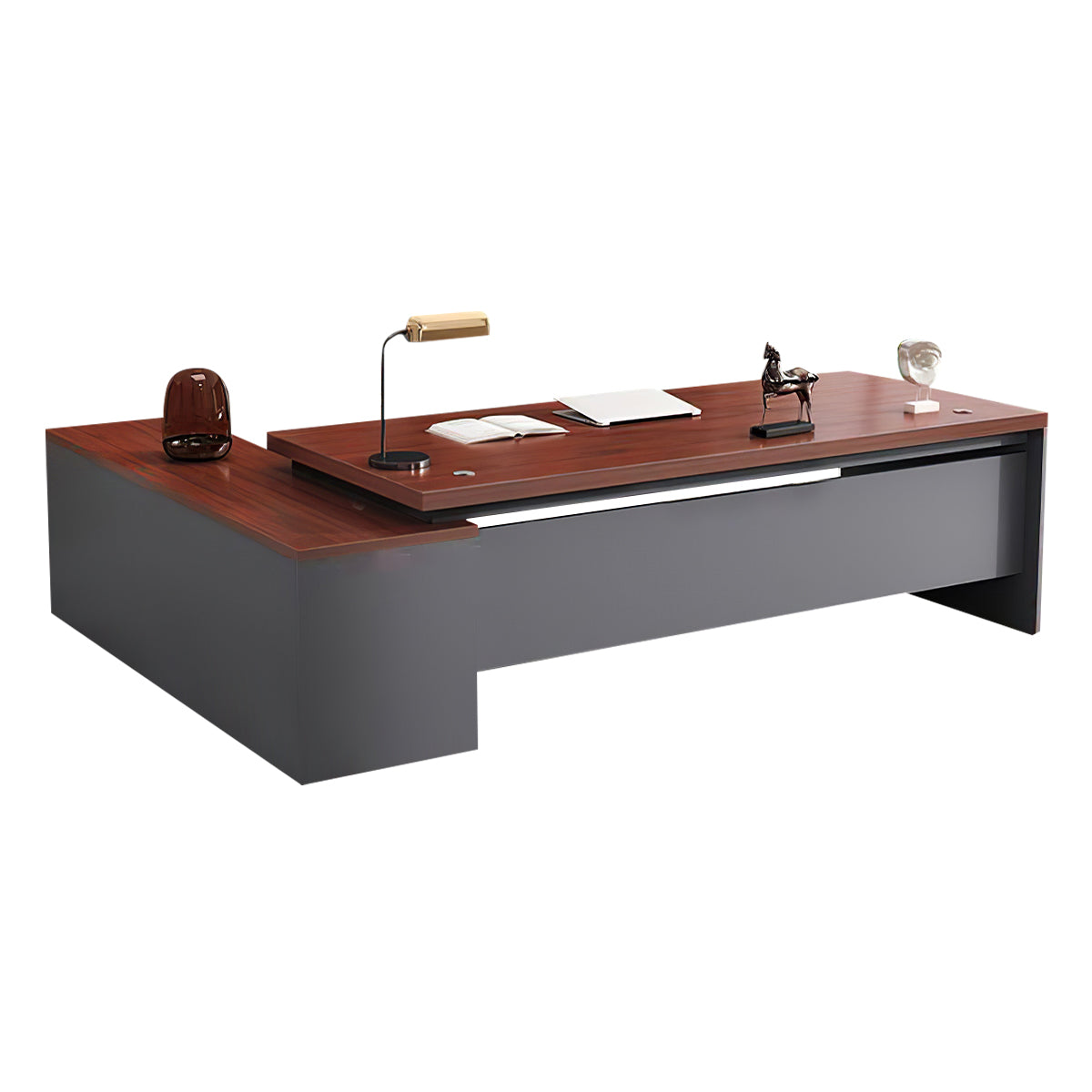 Modern L-Shaped Wood Grain Executive Desk with Storage Side Cabinet