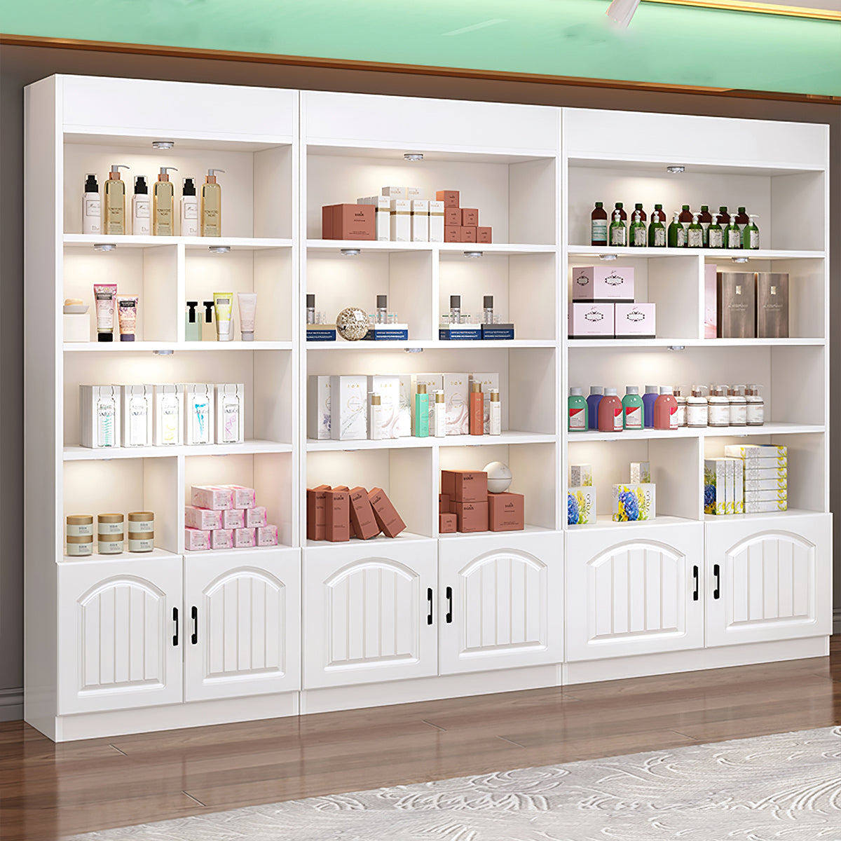 Modern White Beauty Salon Display Cabinet with LED Lights