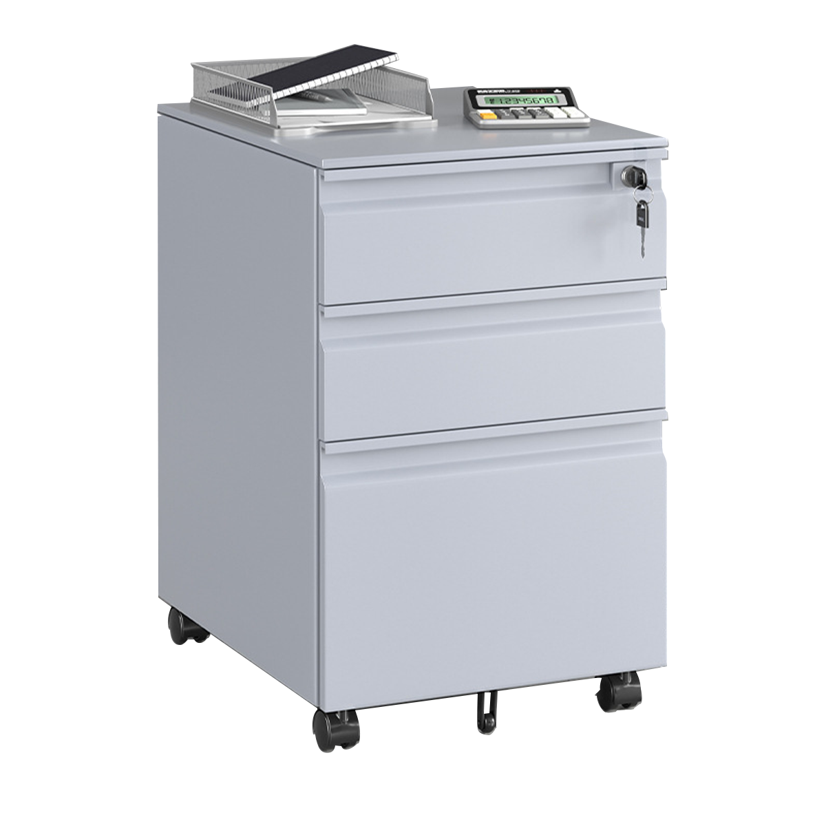 Stylish and Sturdy Lockable Storage Cabinet with Locking Caster Wheels and Unique Handles