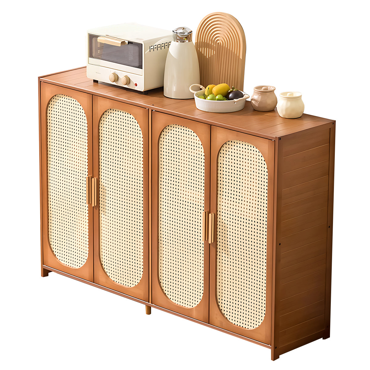 Retro Bamboo Buffet Cabinet, Faux Rattan Doors, Ample Storage for Home