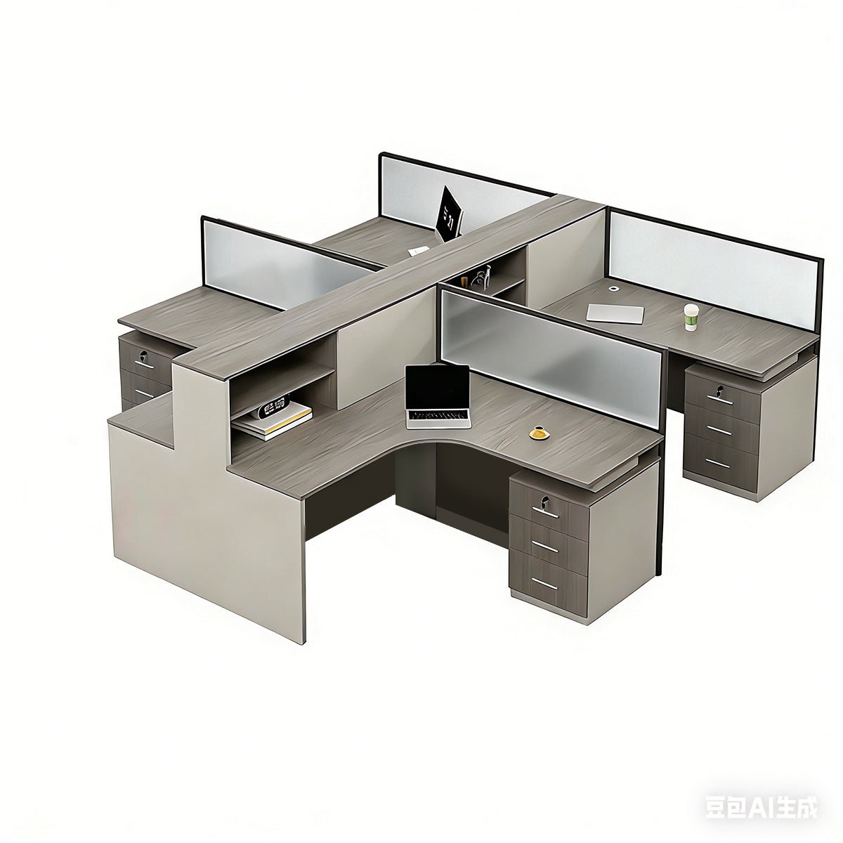 Minimalist Desk with Screen Dividers and High Cabinets