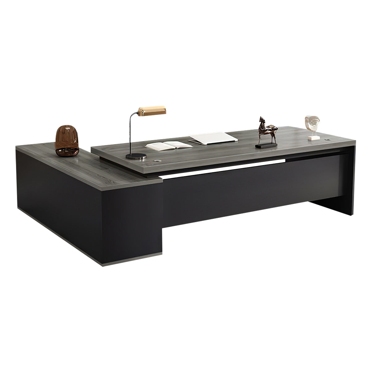 Modern L-Shaped Wood Grain Executive Desk with Storage Side Cabinet