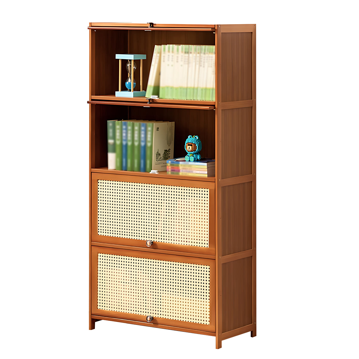 Minimalist Bamboo Flip-Door Bookshelf with Multi-Layer Storage