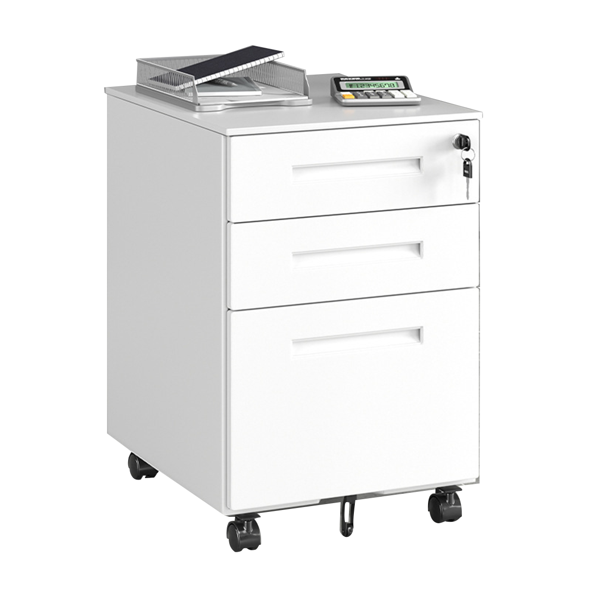 Stylish and Sturdy Lockable Storage Cabinet with Locking Caster Wheels and Unique Handles