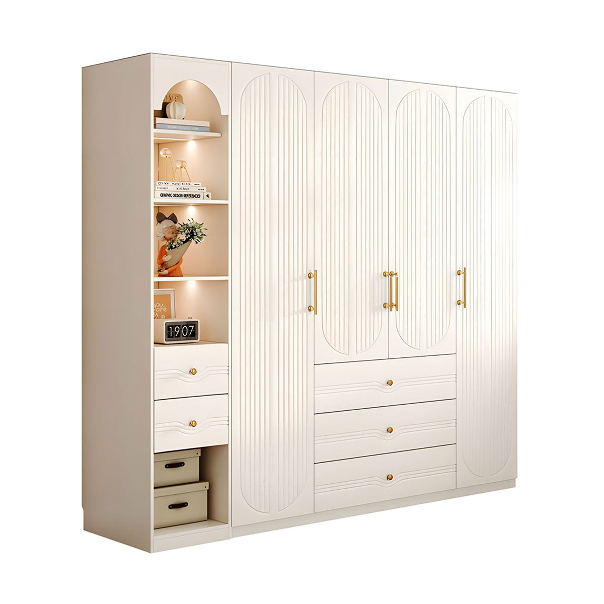 Modern MDF Wardrobe with Drawers Hanging Rods and 3D Carved Storage