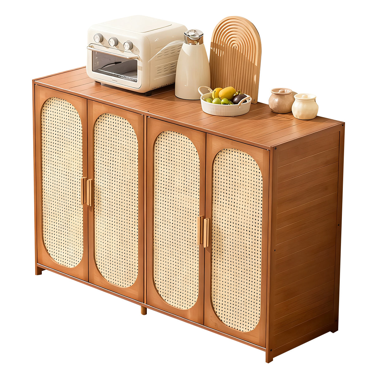 Retro Bamboo Buffet Cabinet, Faux Rattan Doors, Ample Storage for Home