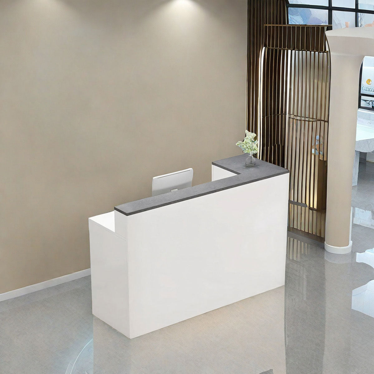 L-Shaped Corner Straight Compact Reception Desk with Keyboard Tray and Drawer for Stores and Salons