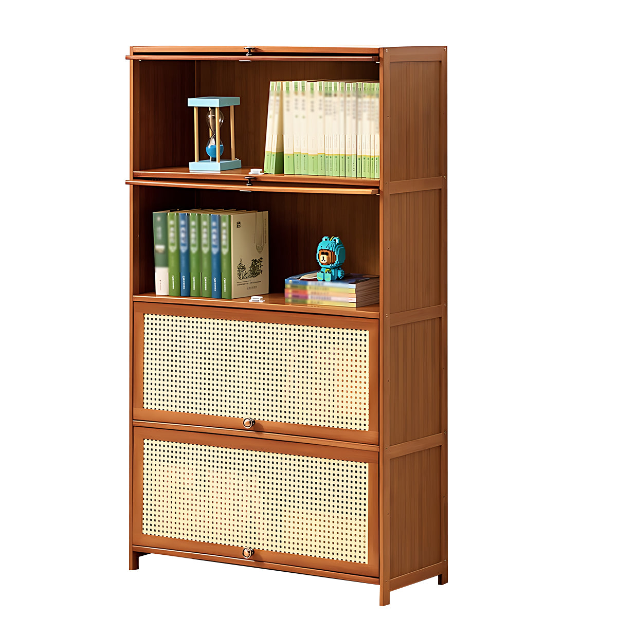 Minimalist Bamboo Flip-Door Bookshelf with Multi-Layer Storage
