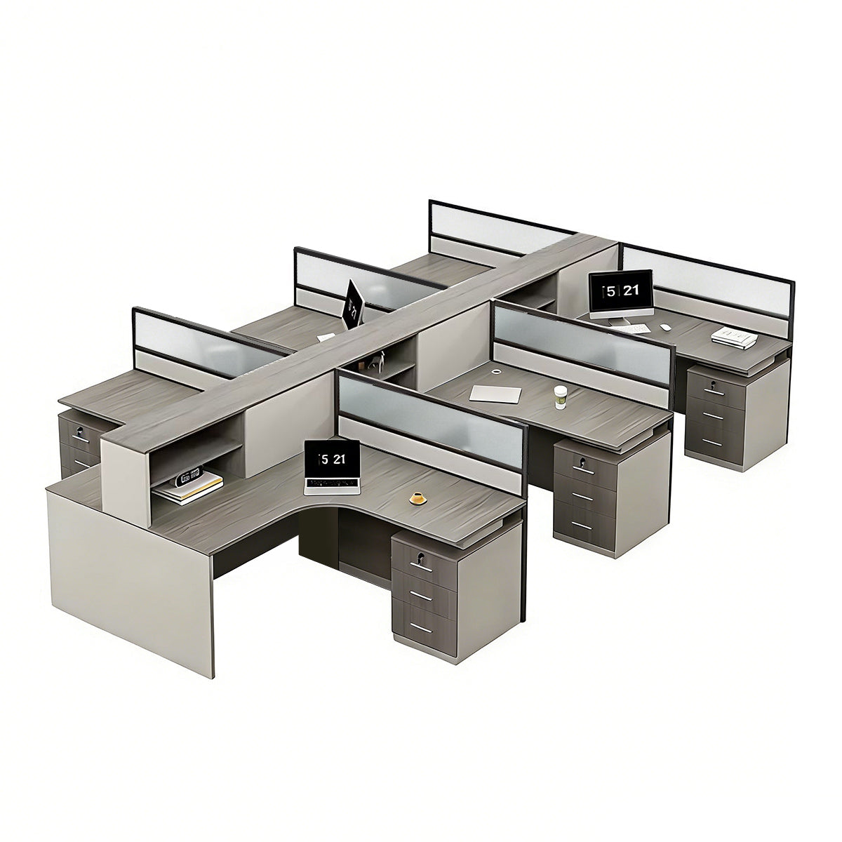 Minimalist Desk with Screen Dividers and High Cabinets