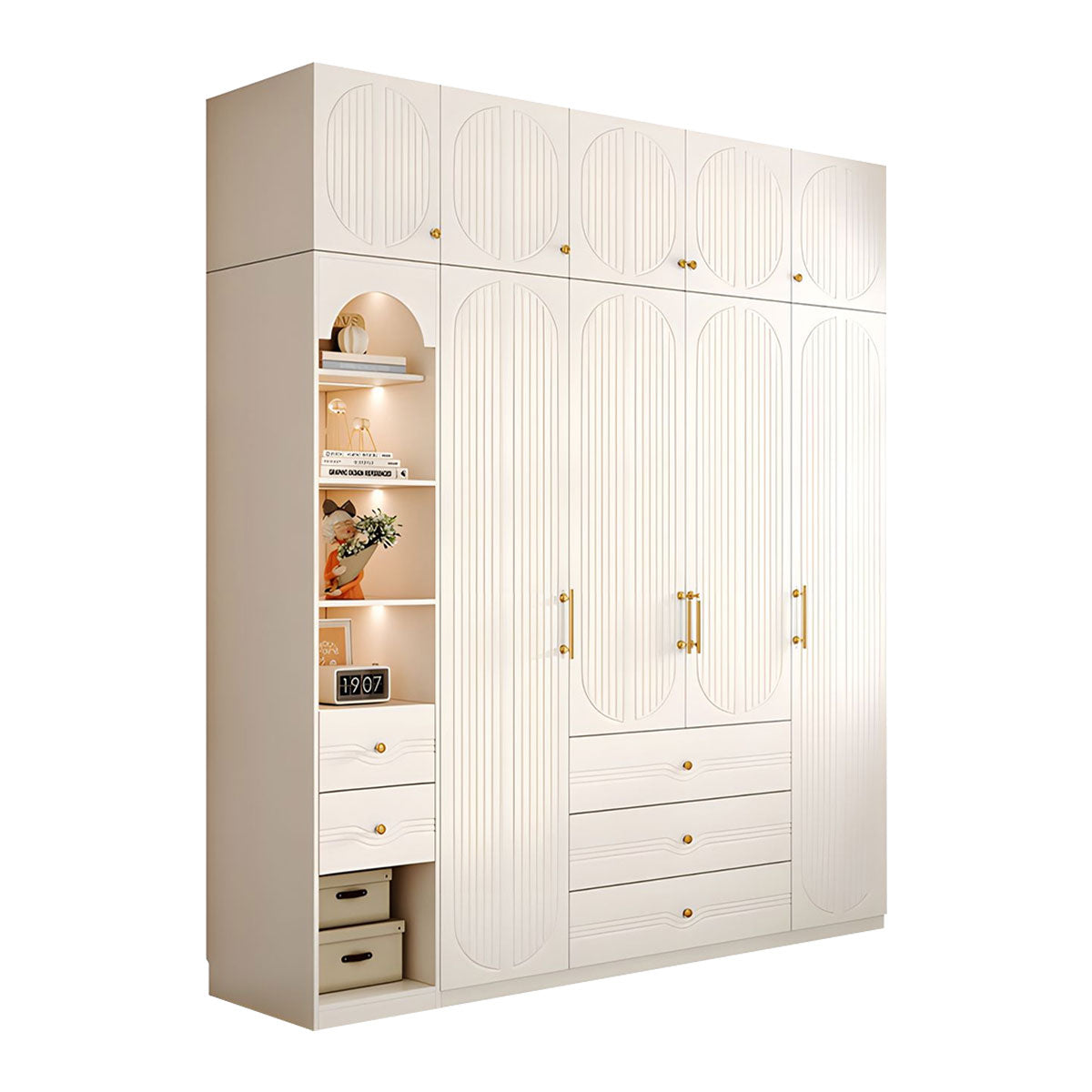 Modern MDF Wardrobe with Drawers Hanging Rods and 3D Carved Storage