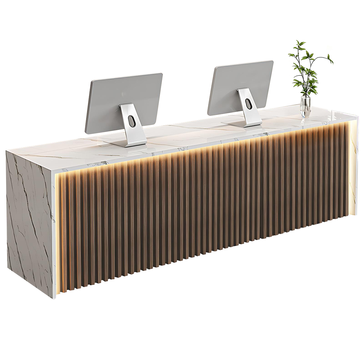 Modern Wood Slat Reception Desk with Lockable Storage and Keyboard Tray