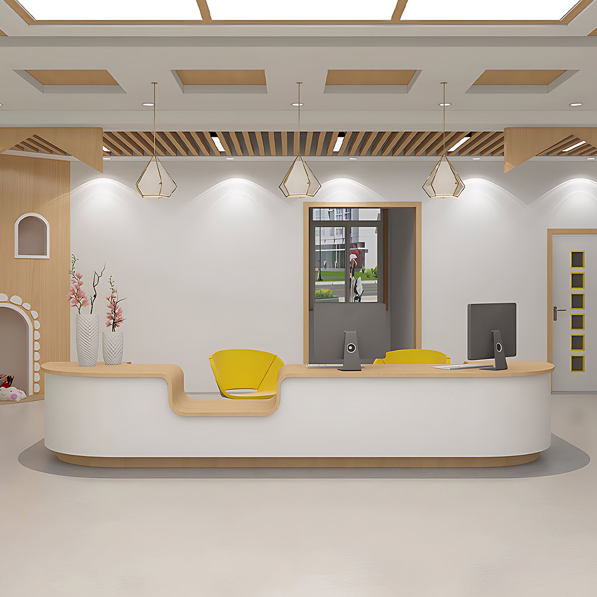 Simple white U-shaped reception desk