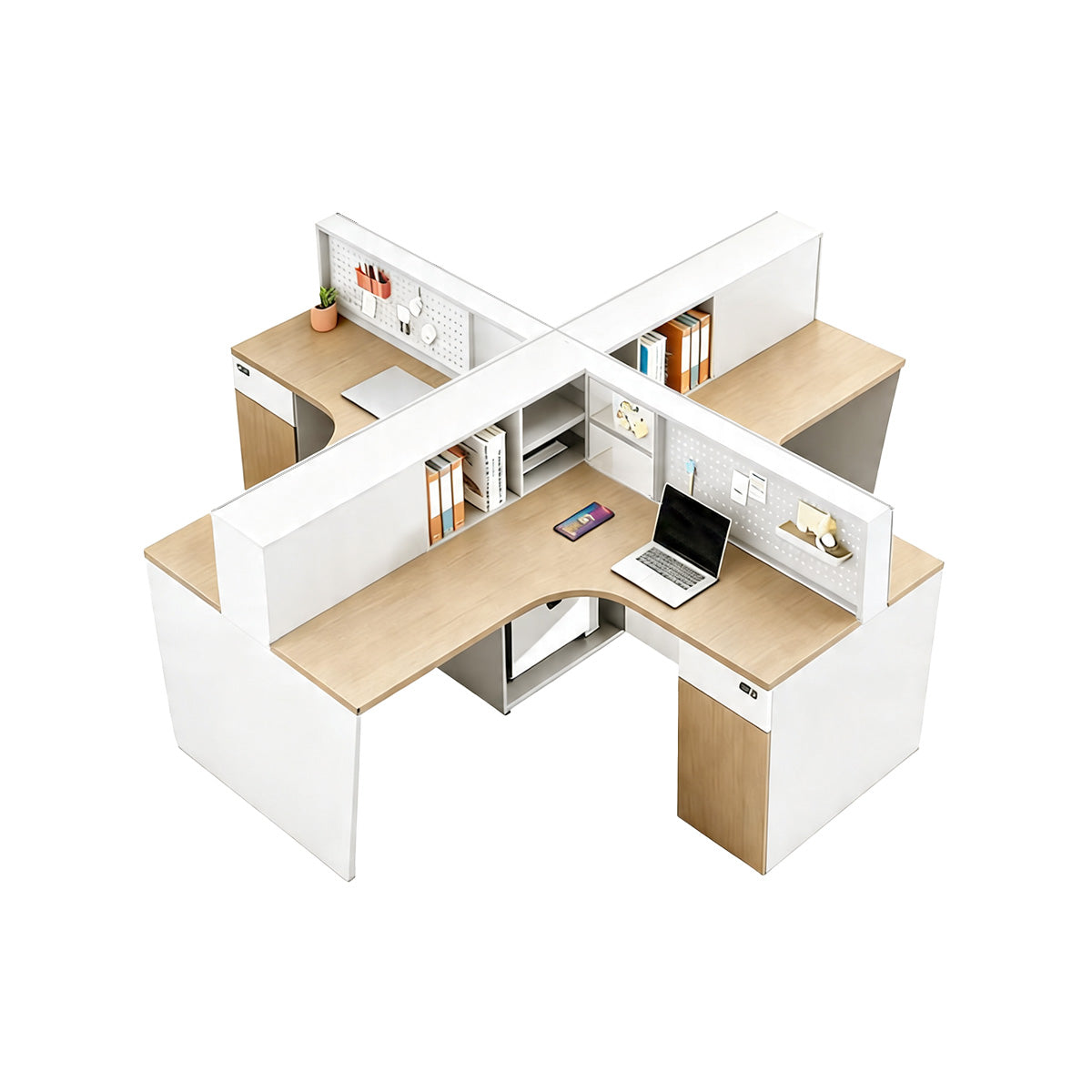 Office Desk, Cross-Shape 4-Person Left or Right (Interchangeable), L110" x W106" x H43", for executive office workspace, modern executive office furniture