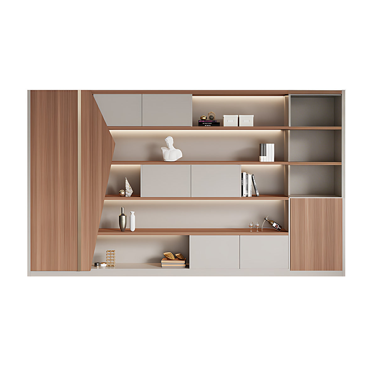 Storage Cabinet, Walnut & Light Gray, Walnut & Light Gray finish, L94" x W16" x H79", for office storage space, office storage furniture