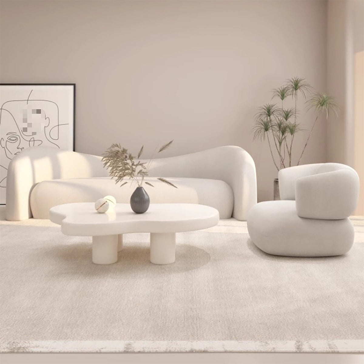 Lamb Wool 3-Seater Soft Sofa with Curved Back for Living Room