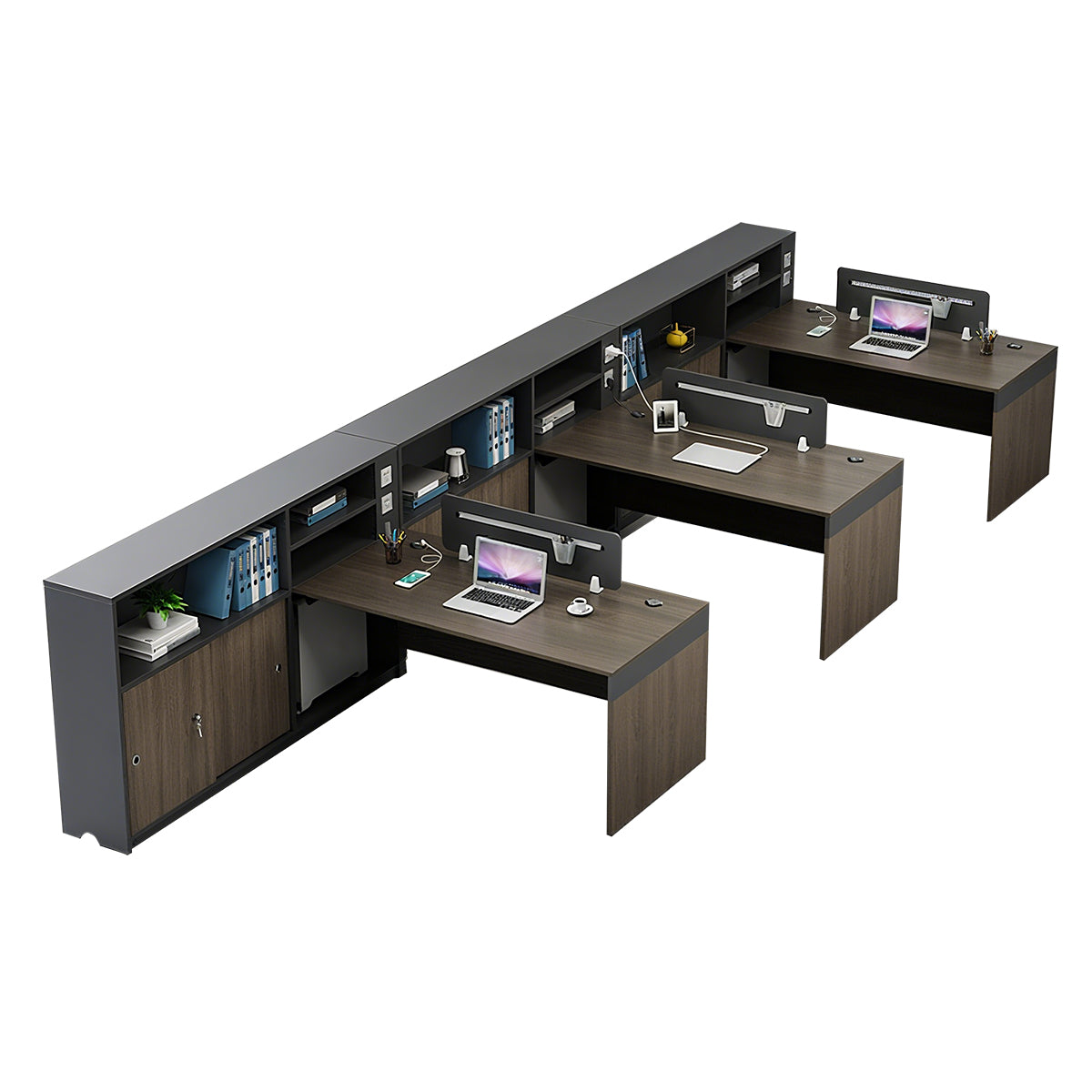 Minimalist Dark Gray and Walnut Cubicle Desk with Mobile Lockable Storage Cabinet