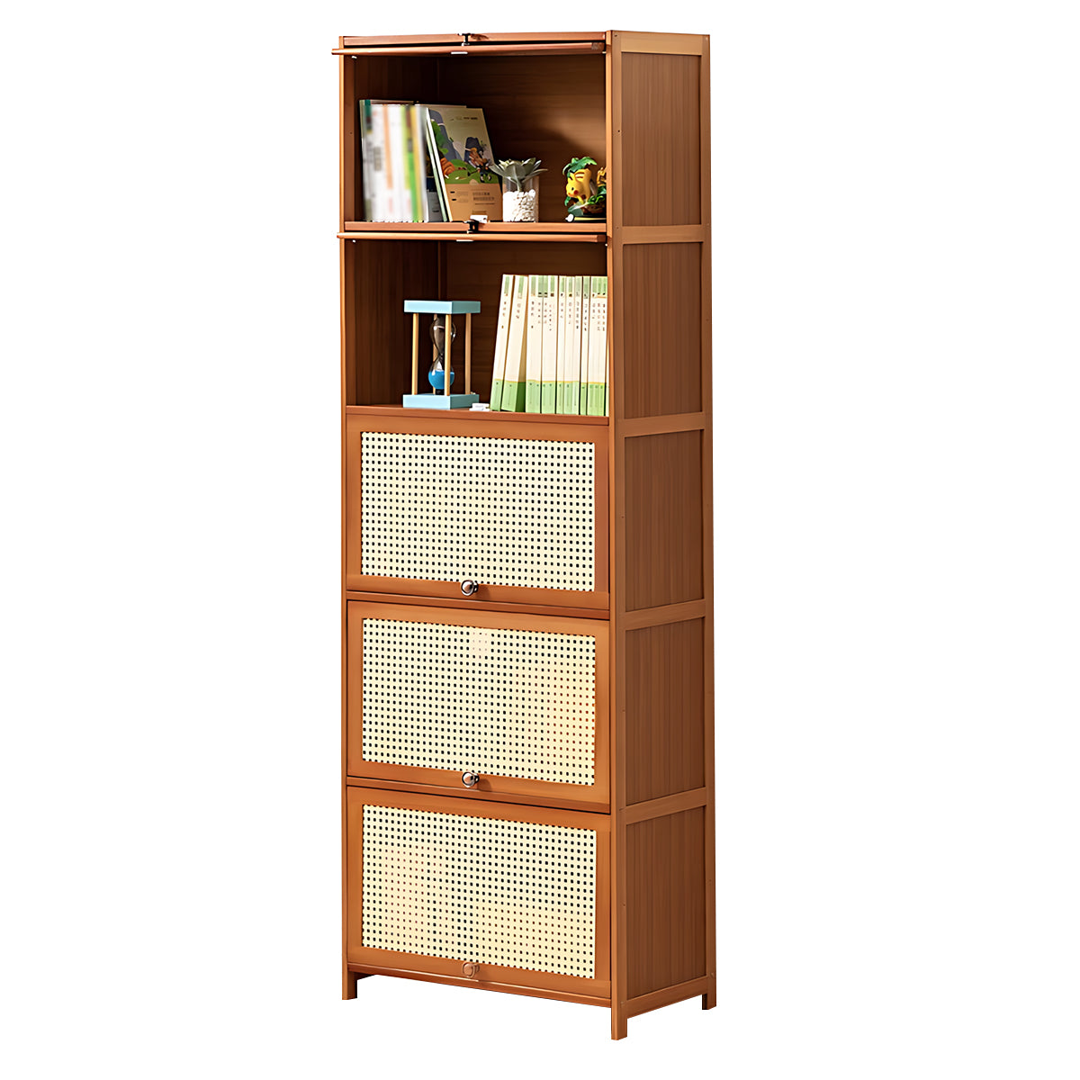 Minimalist Bamboo Flip-Door Bookshelf with Multi-Layer Storage