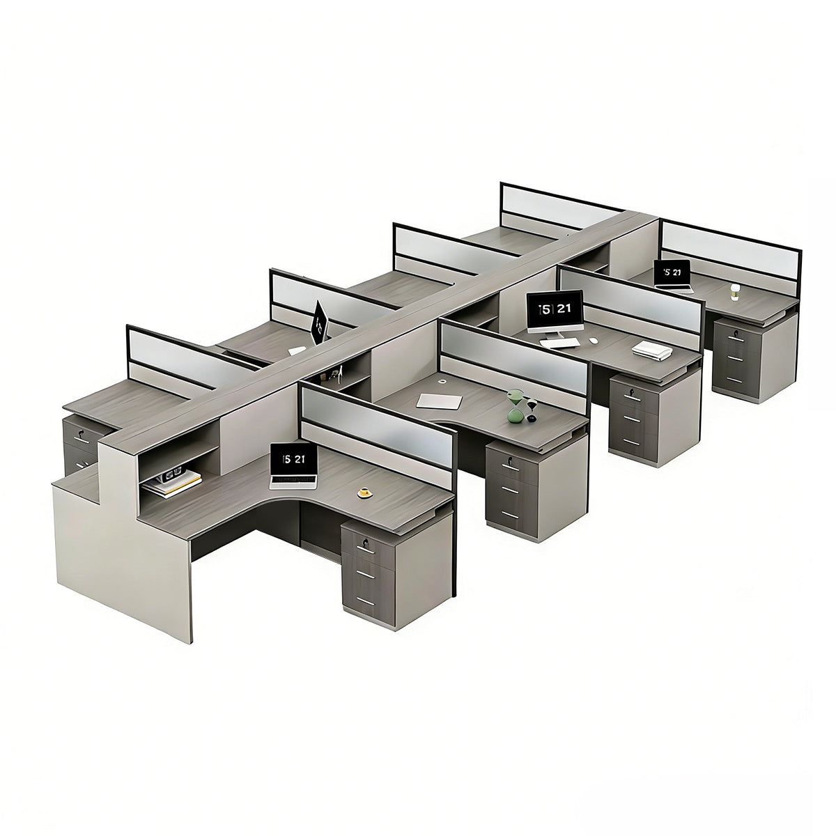 Minimalist Desk with Screen Dividers and High Cabinets