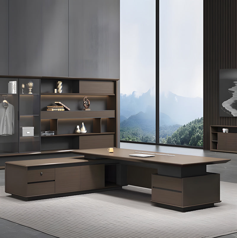 L-Shaped Executive Desk, front and side view, Italian-Style Luxurious Dark Brown L-Shaped Executive Desk With Spacious Desktop Design finish, for...