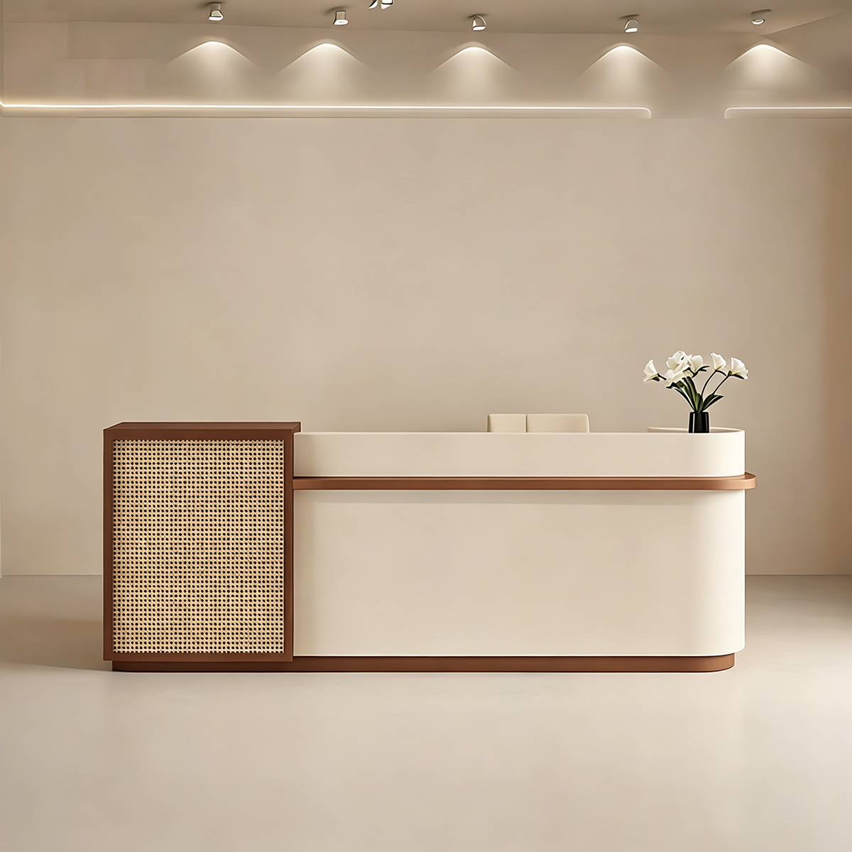 Modern Reception Desk 71–126 in Wide with File Drawers, Woven Rattan Detail & Solid Wood（Stock Items）