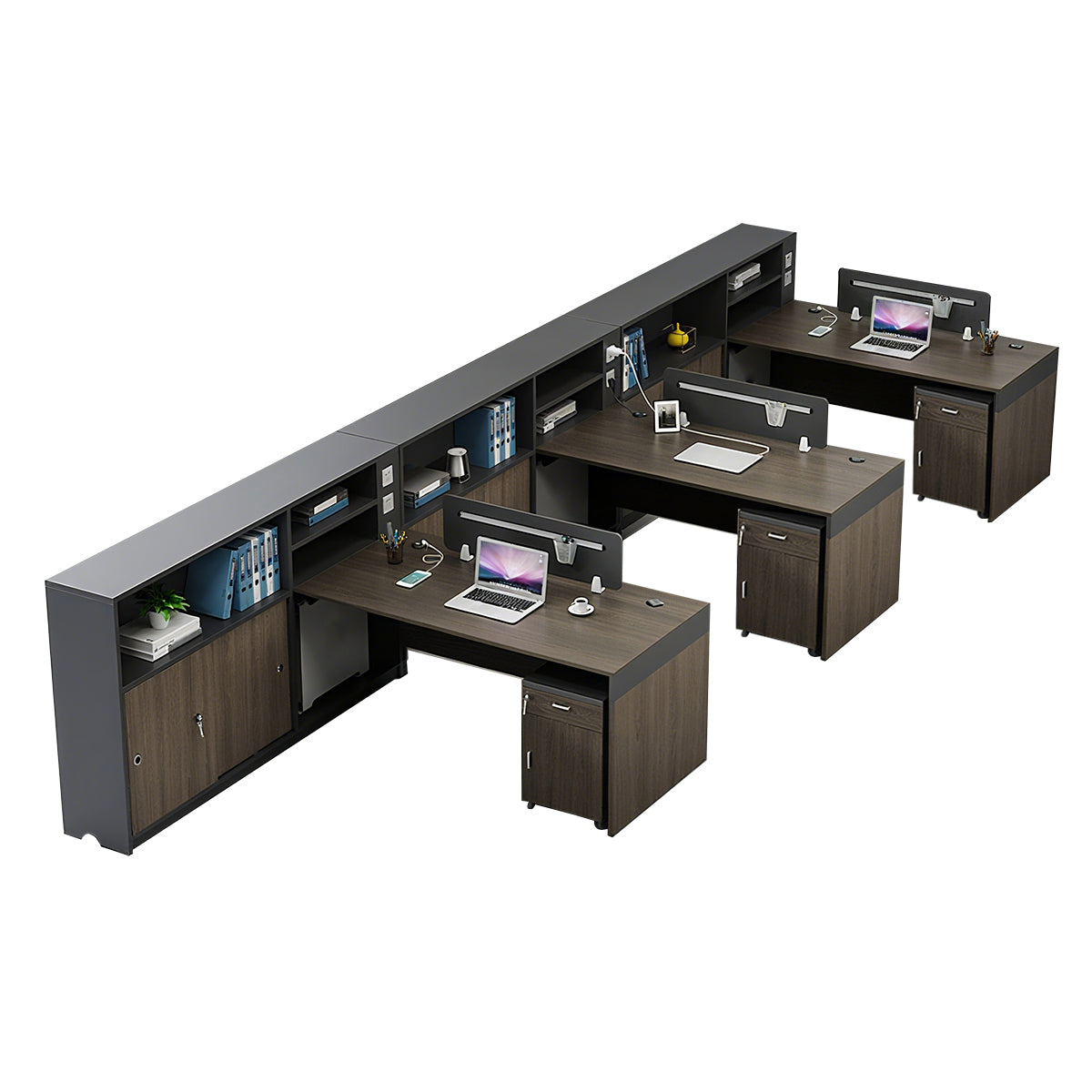 Minimalist Dark Gray and Walnut Cubicle Desk with Mobile Lockable Storage Cabinet