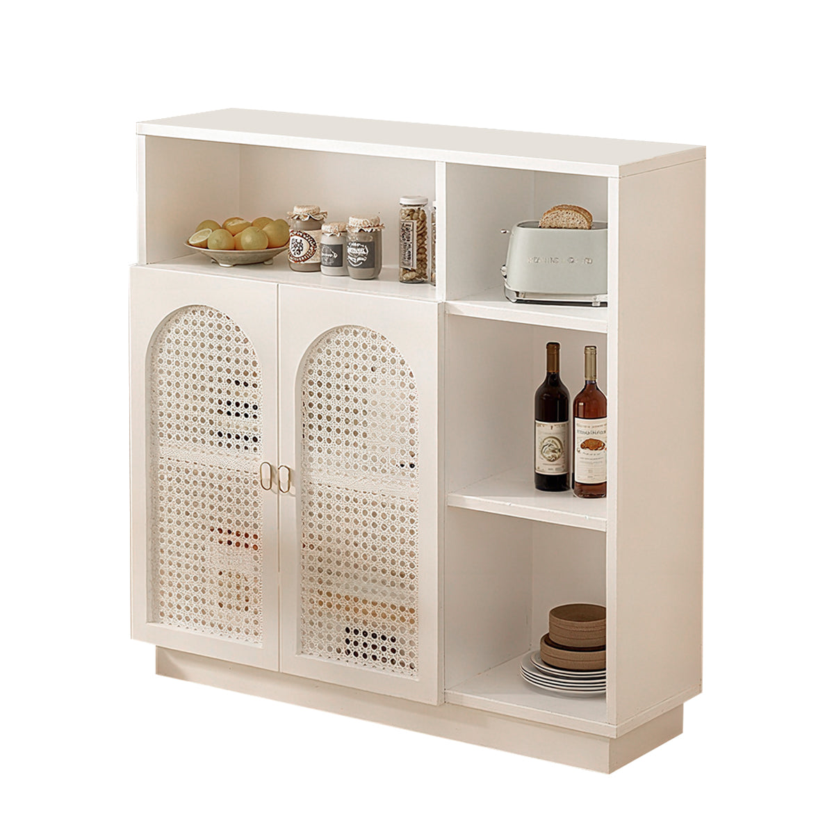 Modern Rattan Buffet Sideboard with Adjustable Shelves and Cabinet Storage