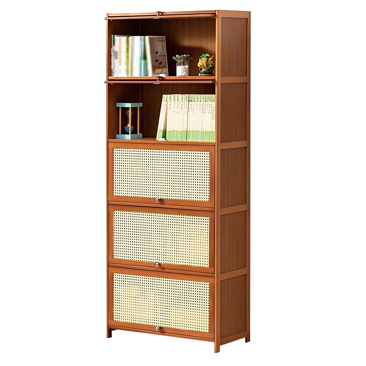 Minimalist Bamboo Flip-Door Bookshelf with Multi-Layer Storage