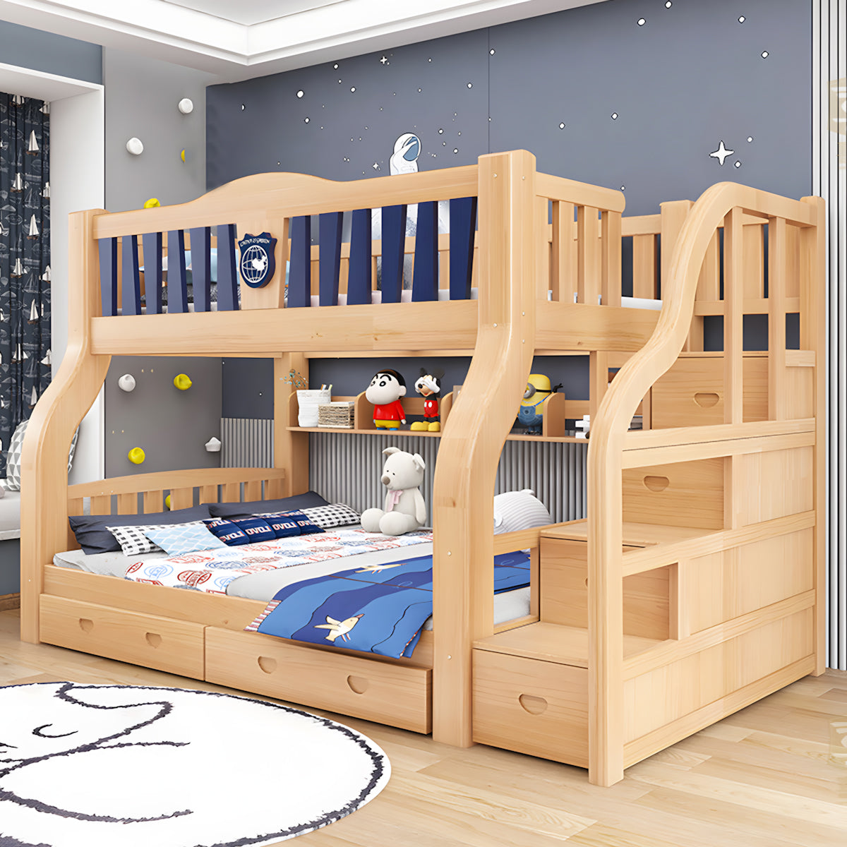 Solid Wood Kids' Natural Color Bunk Bed with Built-in Bookshelf（Stock Items）