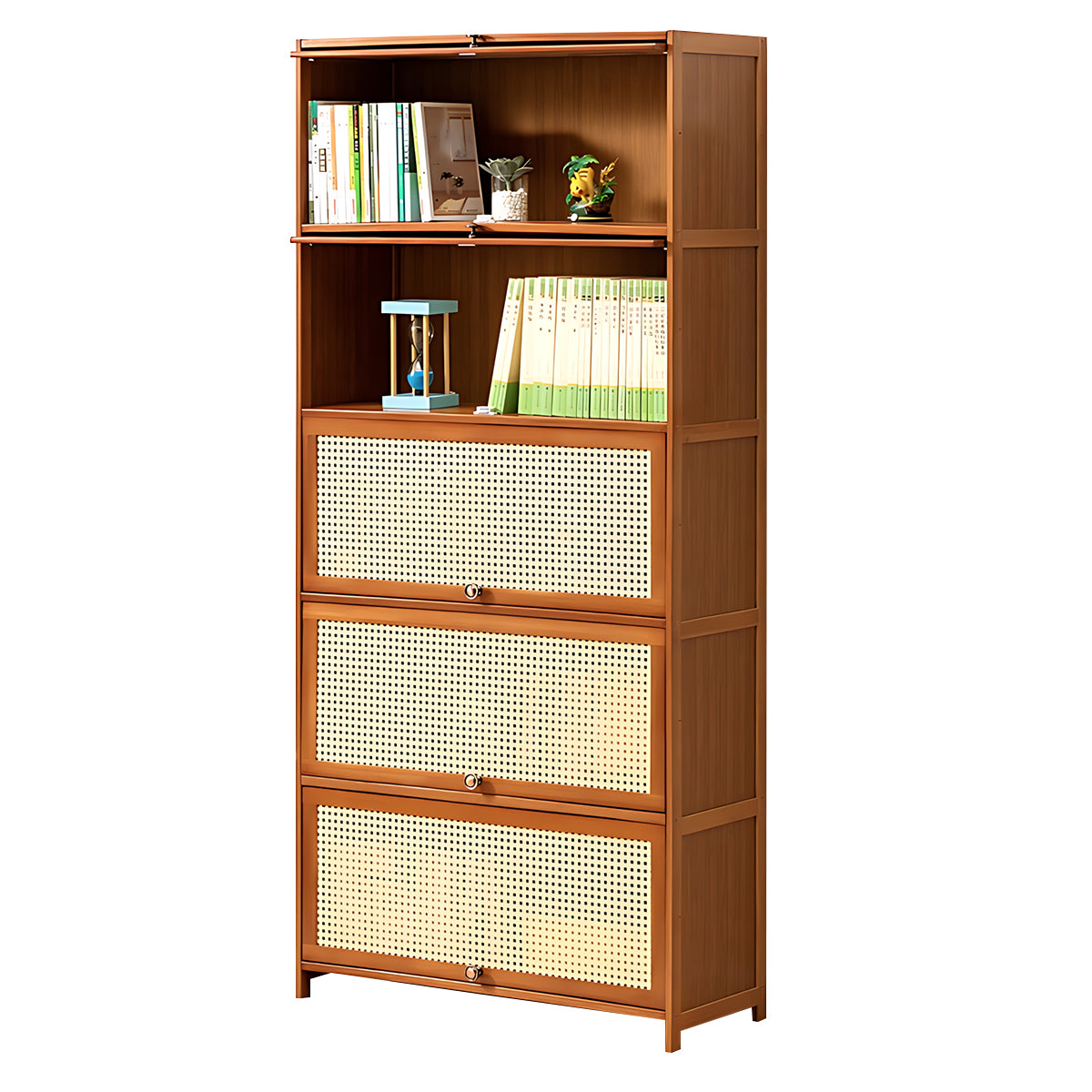 Minimalist Bamboo Flip-Door Bookshelf with Multi-Layer Storage