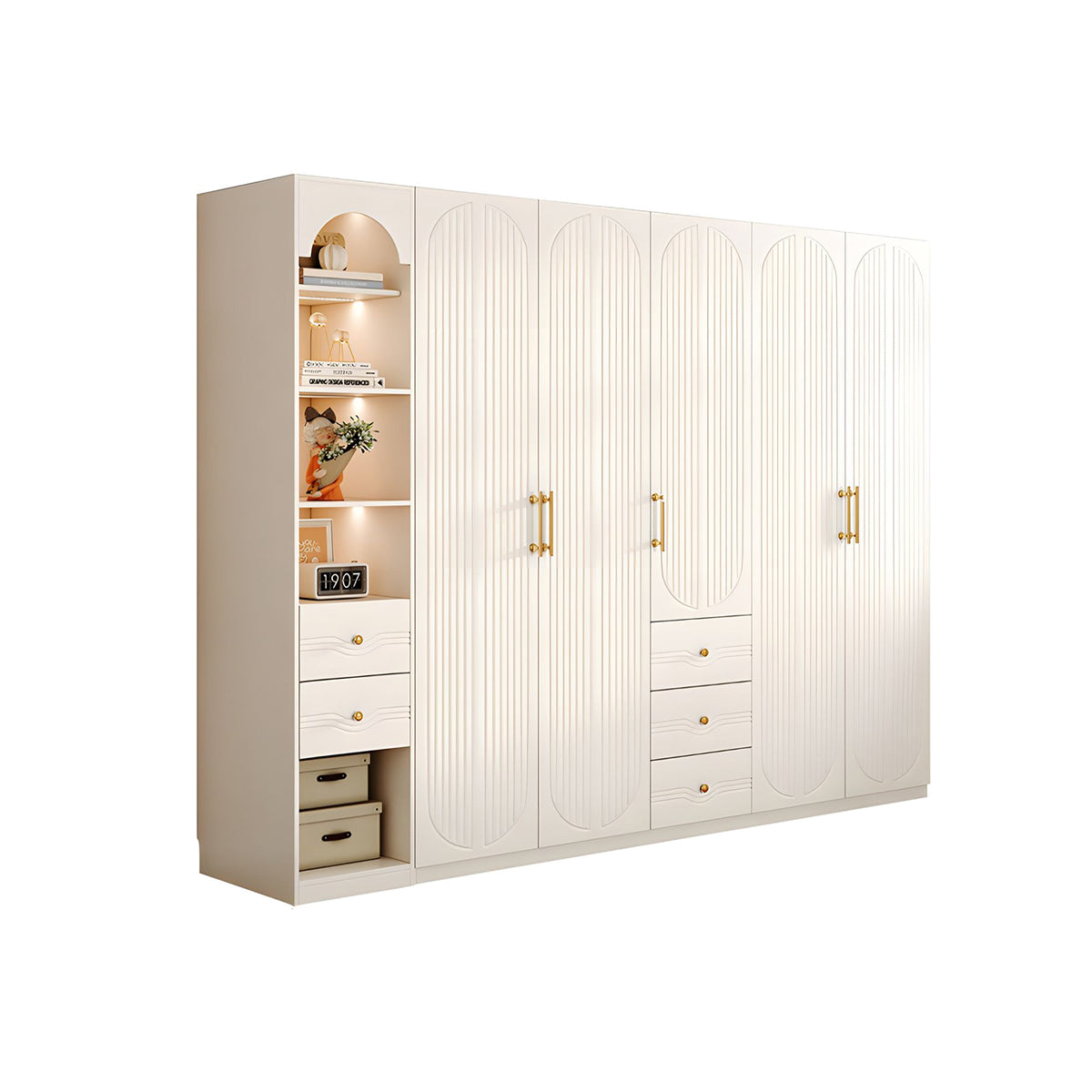 Modern MDF Wardrobe with Drawers Hanging Rods and 3D Carved Storage