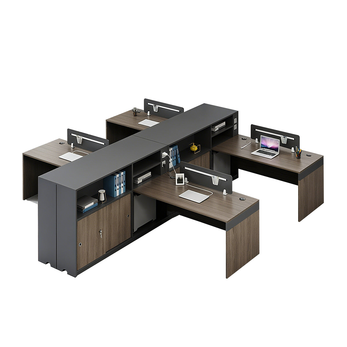 Minimalist Dark Gray and Walnut Cubicle Desk with Mobile Lockable Storage Cabinet