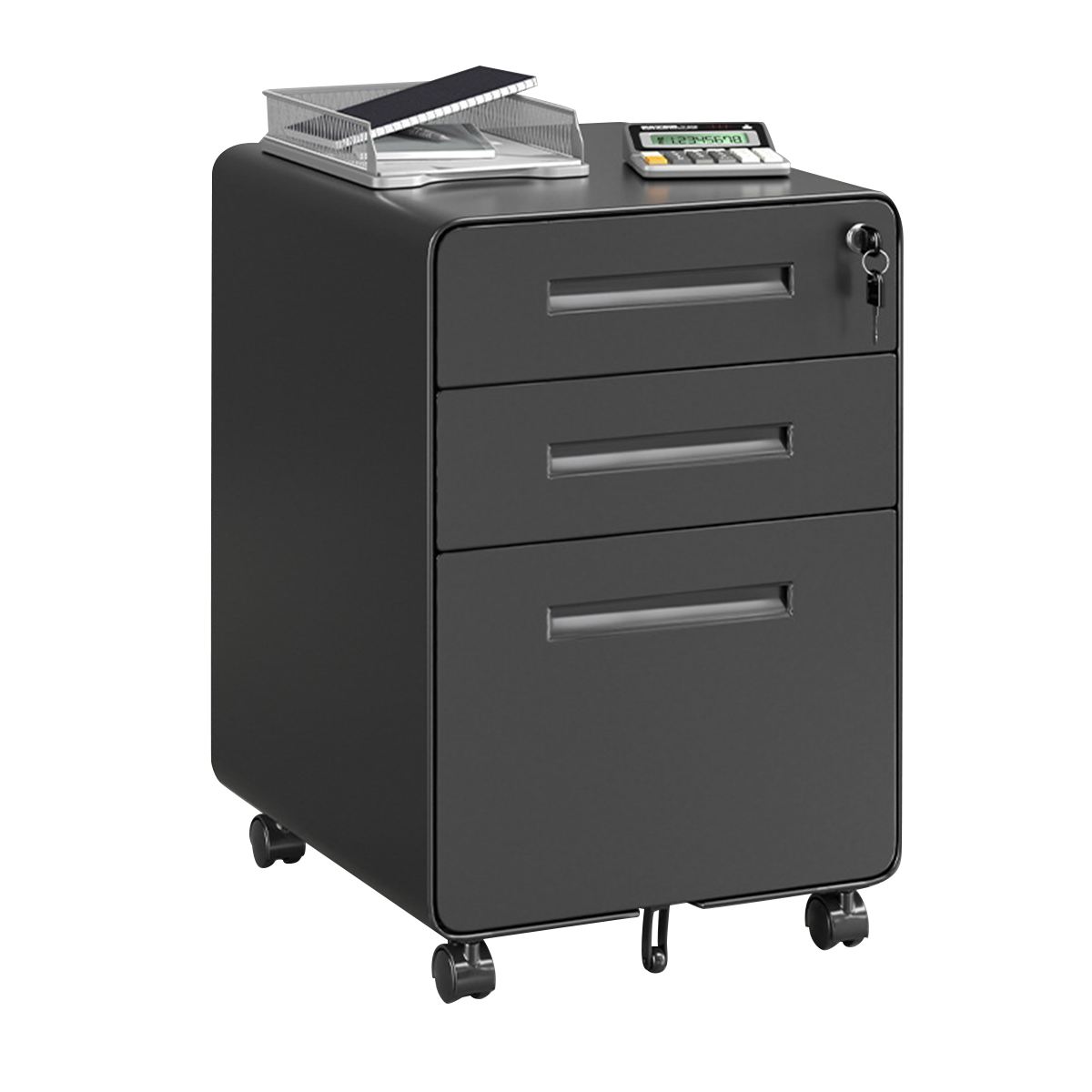 Stylish and Sturdy Lockable Storage Cabinet with Locking Caster Wheels and Unique Handles