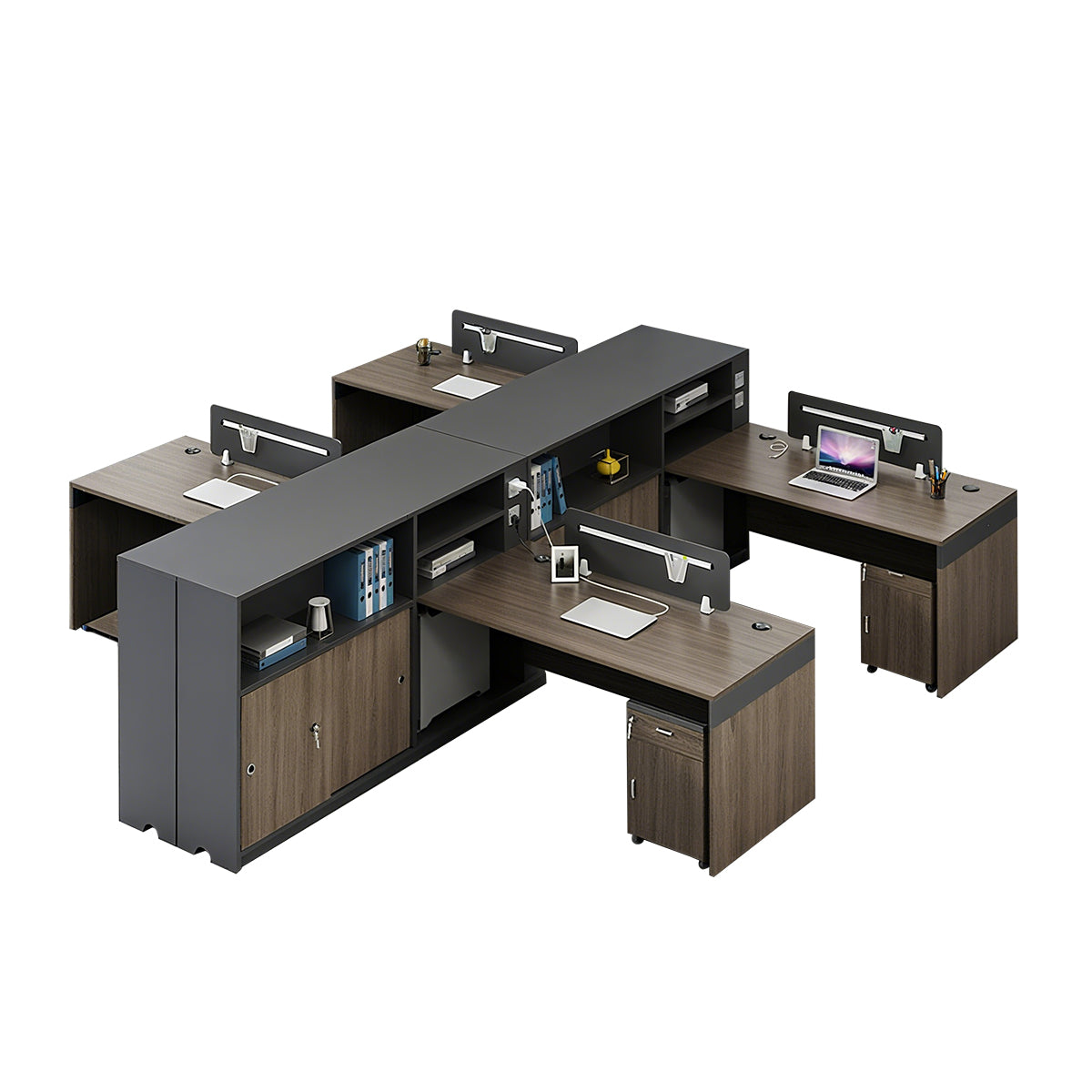 Minimalist Dark Gray and Walnut Cubicle Desk with Mobile Lockable Storage Cabinet