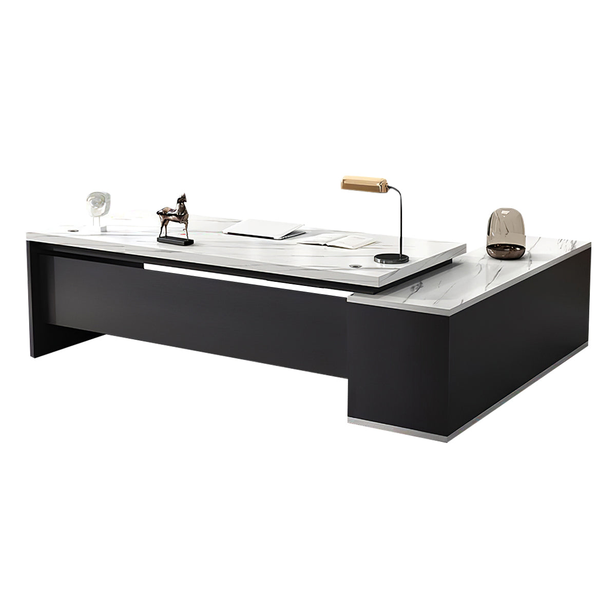 Modern L-Shaped Wood Grain Executive Desk with Storage Side Cabinet