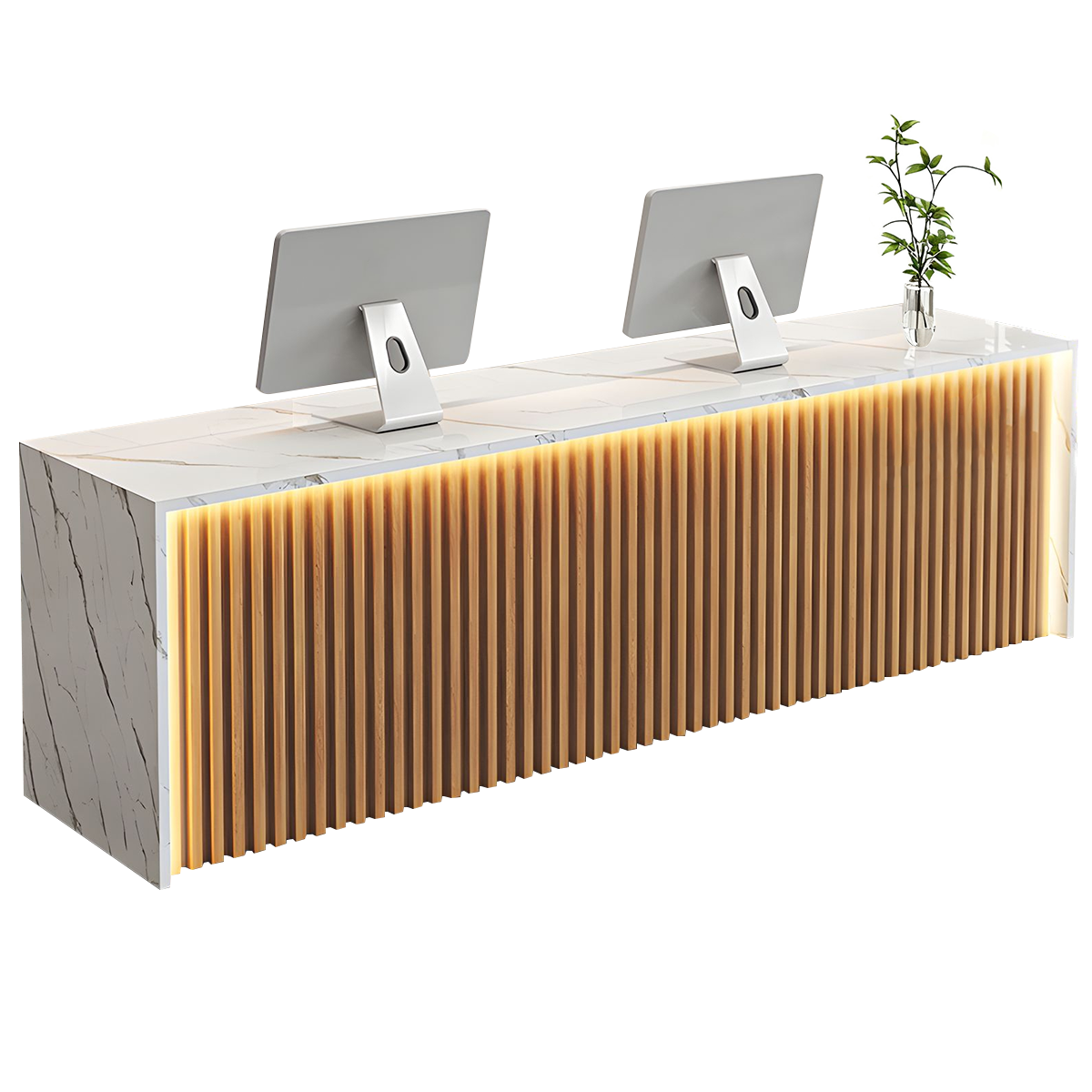 Modern Wood Slat Reception Desk with Lockable Storage and Keyboard Tray