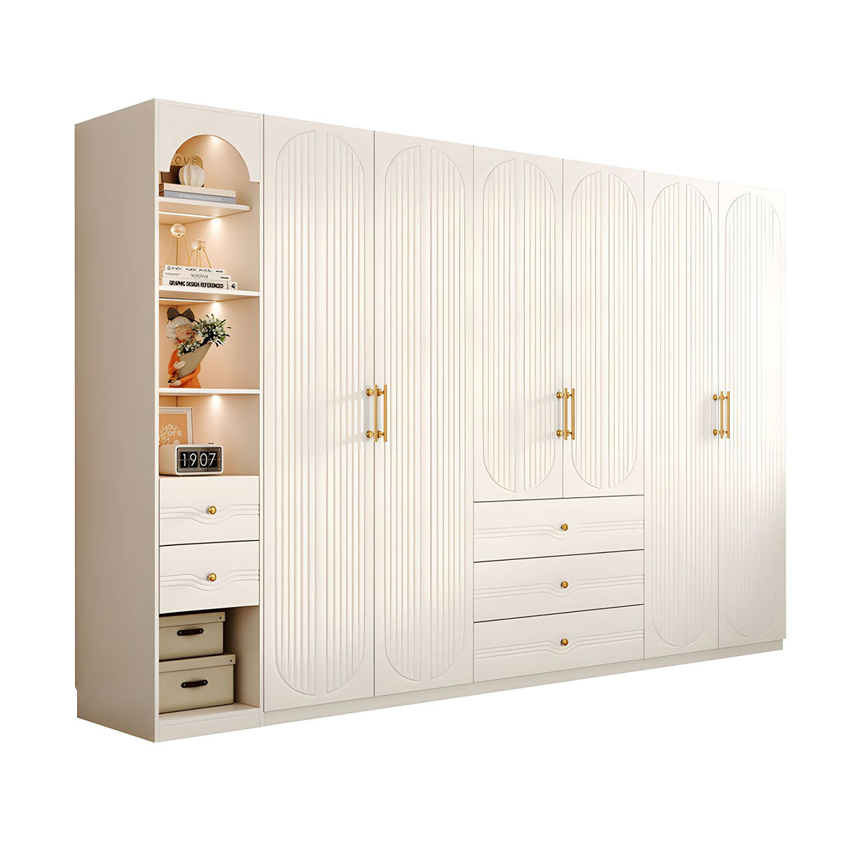 Modern MDF Wardrobe with Drawers Hanging Rods and 3D Carved Storage