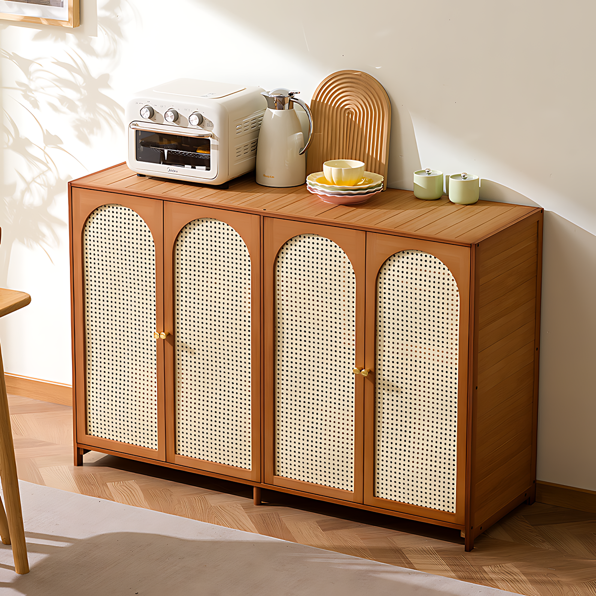 Retro Bamboo Buffet Cabinet, Faux Rattan Doors, Ample Storage for Home