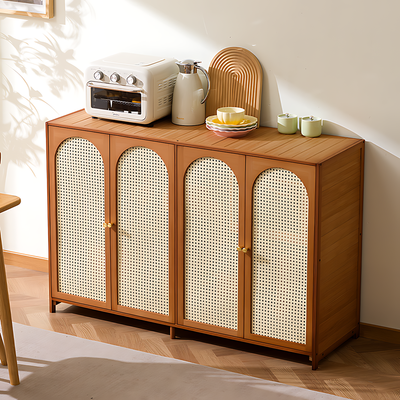 Retro Bamboo Buffet Cabinet, Faux Rattan Doors, Ample Storage for Home