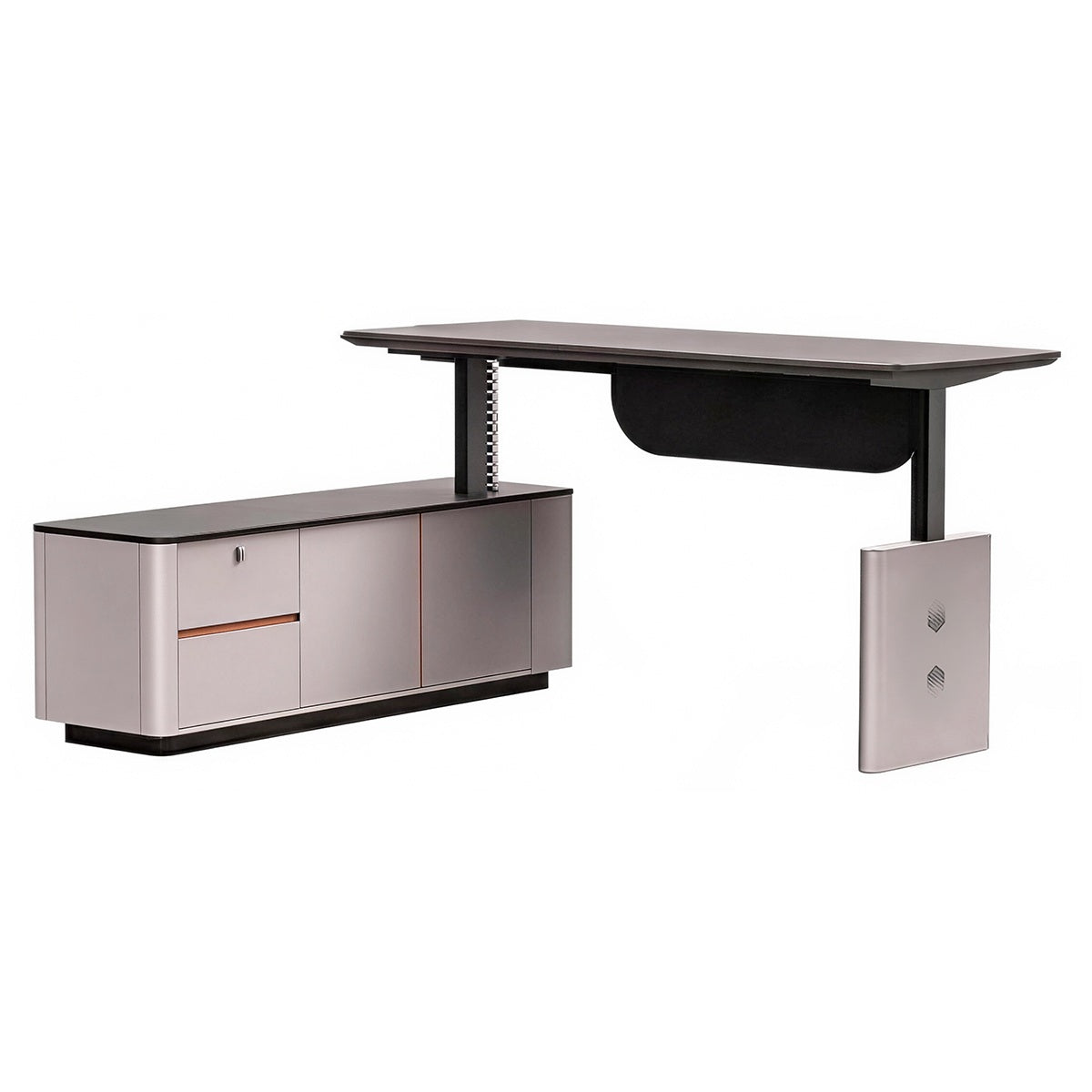 Anzhap height-adjustable executive desk with smart cable box, desktop and workspace layout