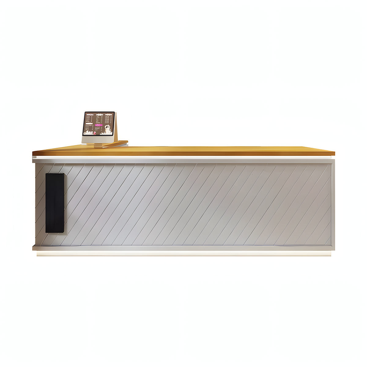 L-Shaped Reception Desk 63–102 in Wide with Ample Storage & Transaction Counter