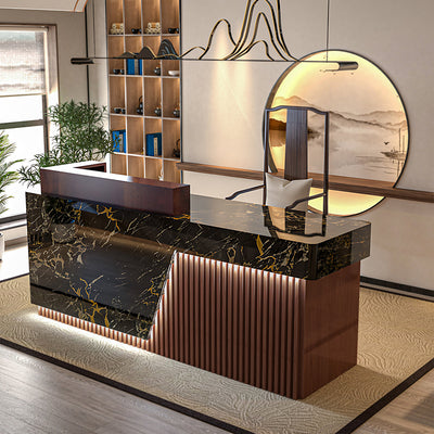 Reception Desk 39–118 in Wide with LED Accent Lighting, File Drawers, Transaction Counter & Marble Top