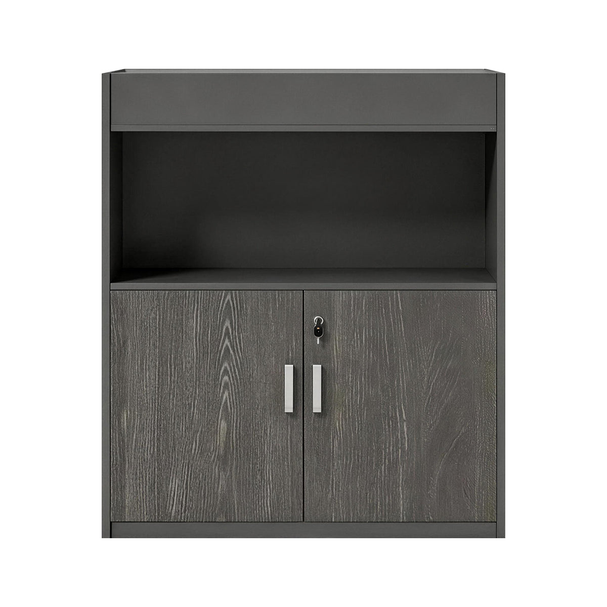 Scandinavian-Style Office Storage Cabinet with Open Cubbies and Wood-Tone Doors