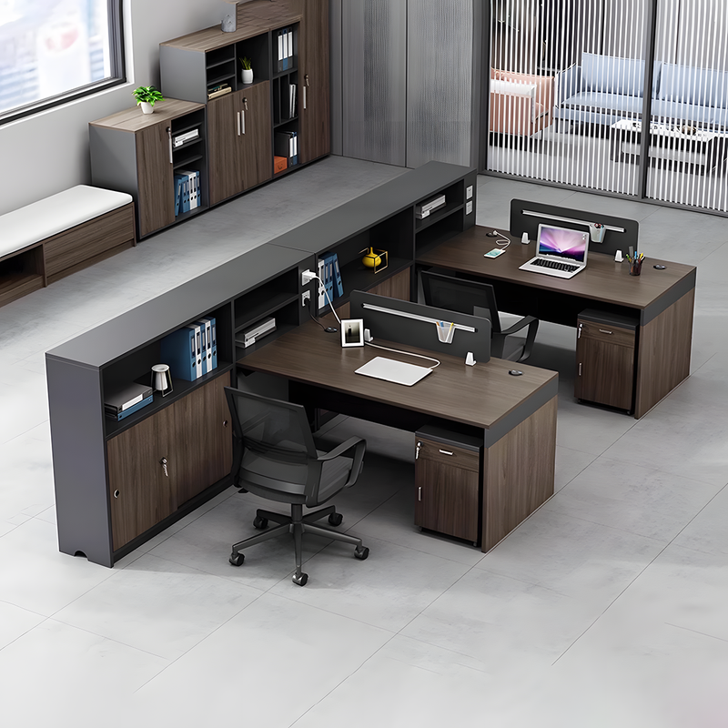 Minimalist Dark Gray and Walnut Cubicle Desk with Mobile Lockable Storage Cabinet
