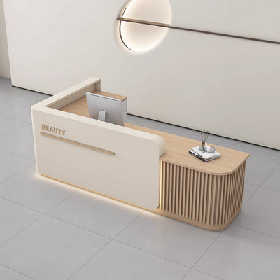 Sleek Reception Desk with Ample Storage & Functional Layout